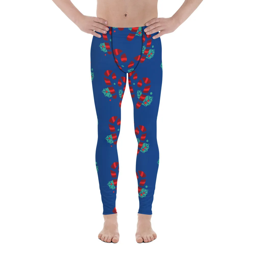 Blue Christmas Candy Men's Leggings, Blue and Red Colorful Christmas Candy Cane Style Gym Tights For Men - Made in USA/EU/MX