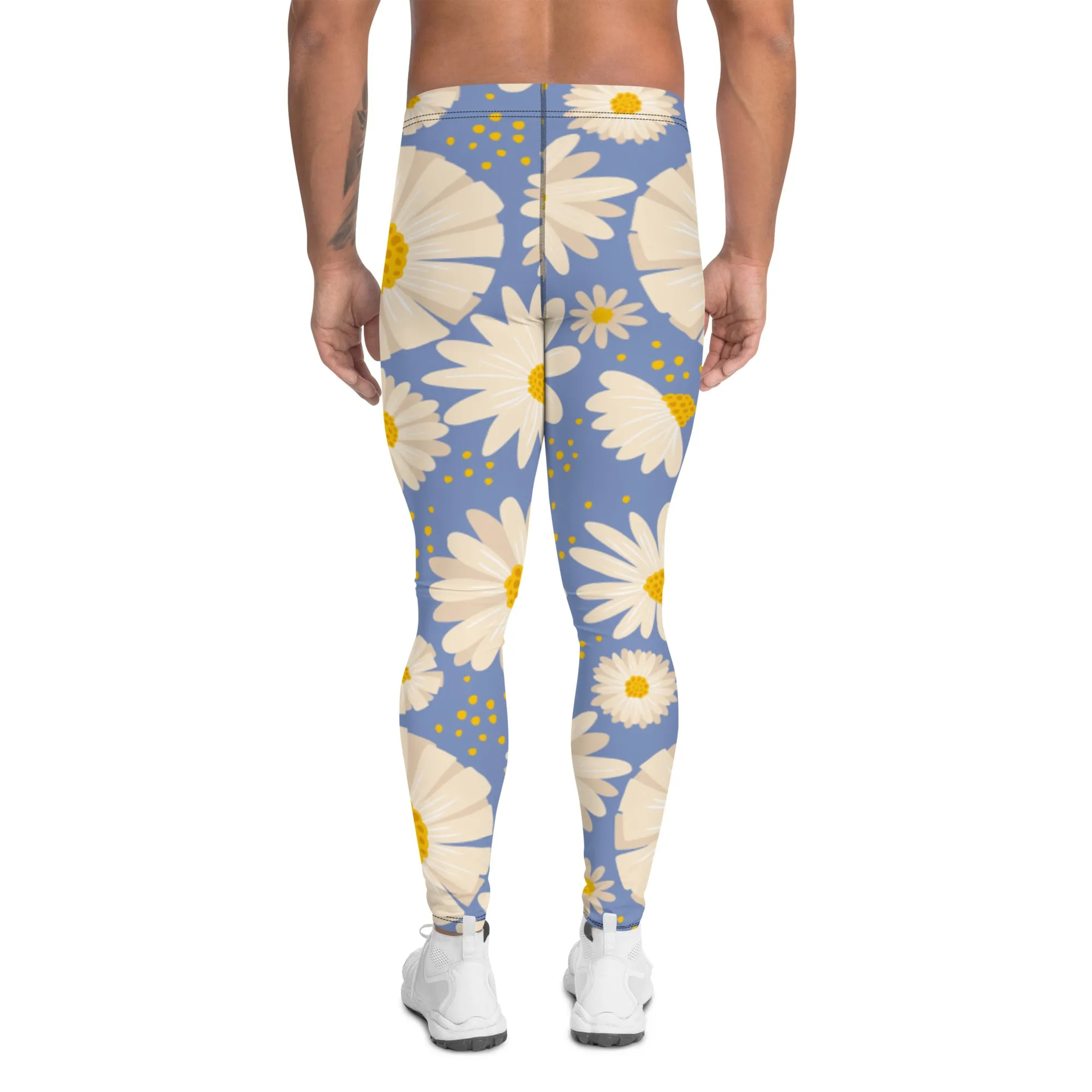 Blue Daisies Best Men's Leggings, Daisies Floral Print Men's Running Tights-Made in USA/EU/MX