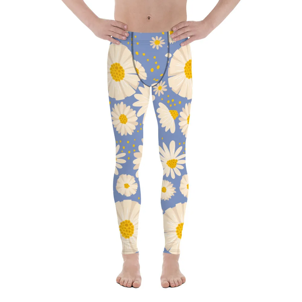 Blue Daisies Best Men's Leggings, Daisies Floral Print Men's Running Tights-Made in USA/EU/MX