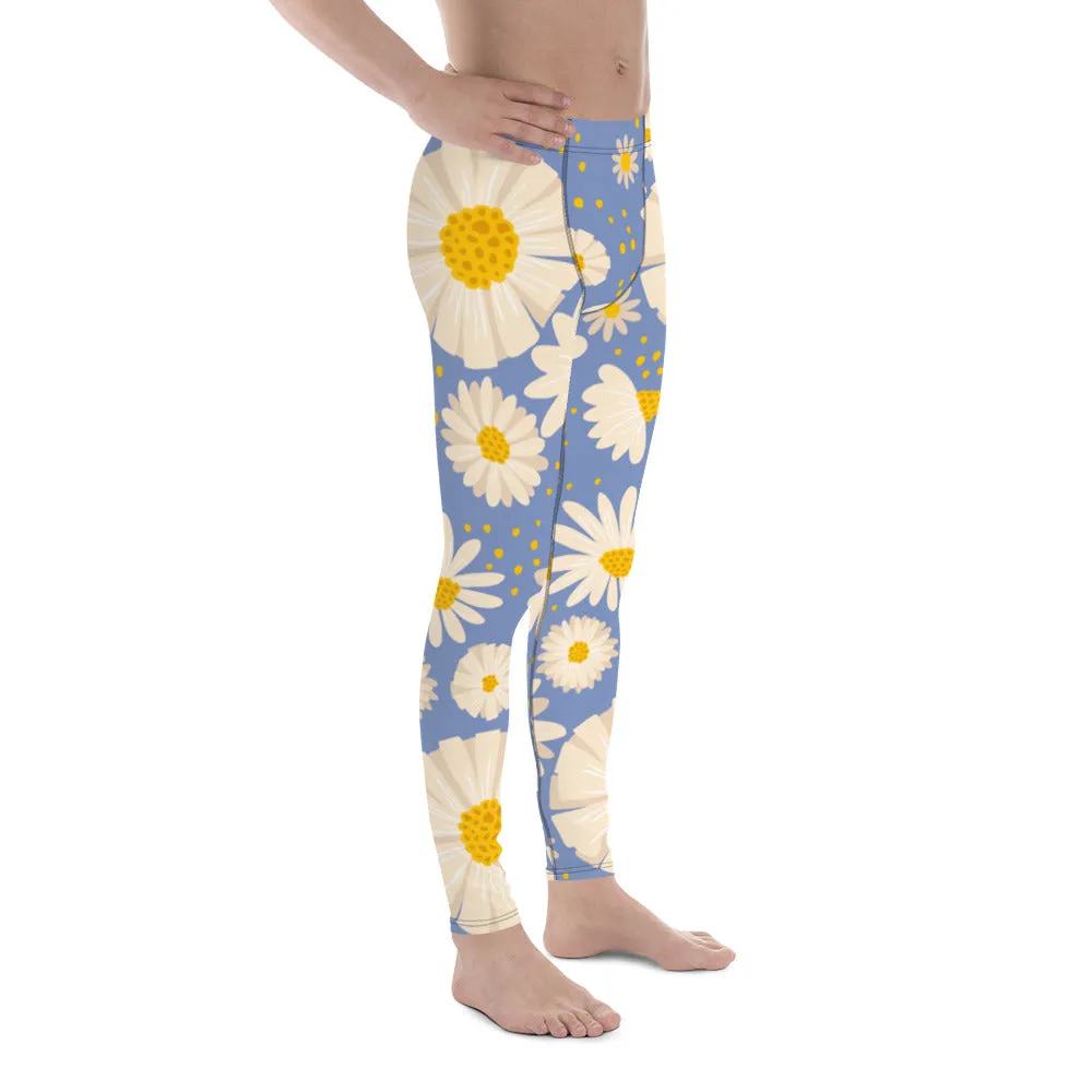 Blue Daisies Best Men's Leggings, Daisies Floral Print Men's Running Tights-Made in USA/EU/MX