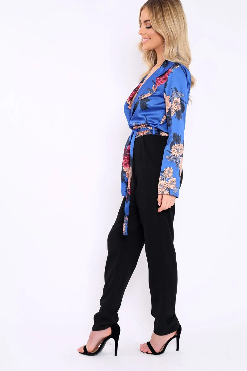 Blue Floral Plunge Satin Wrap Front Jumpsuit - Talulah