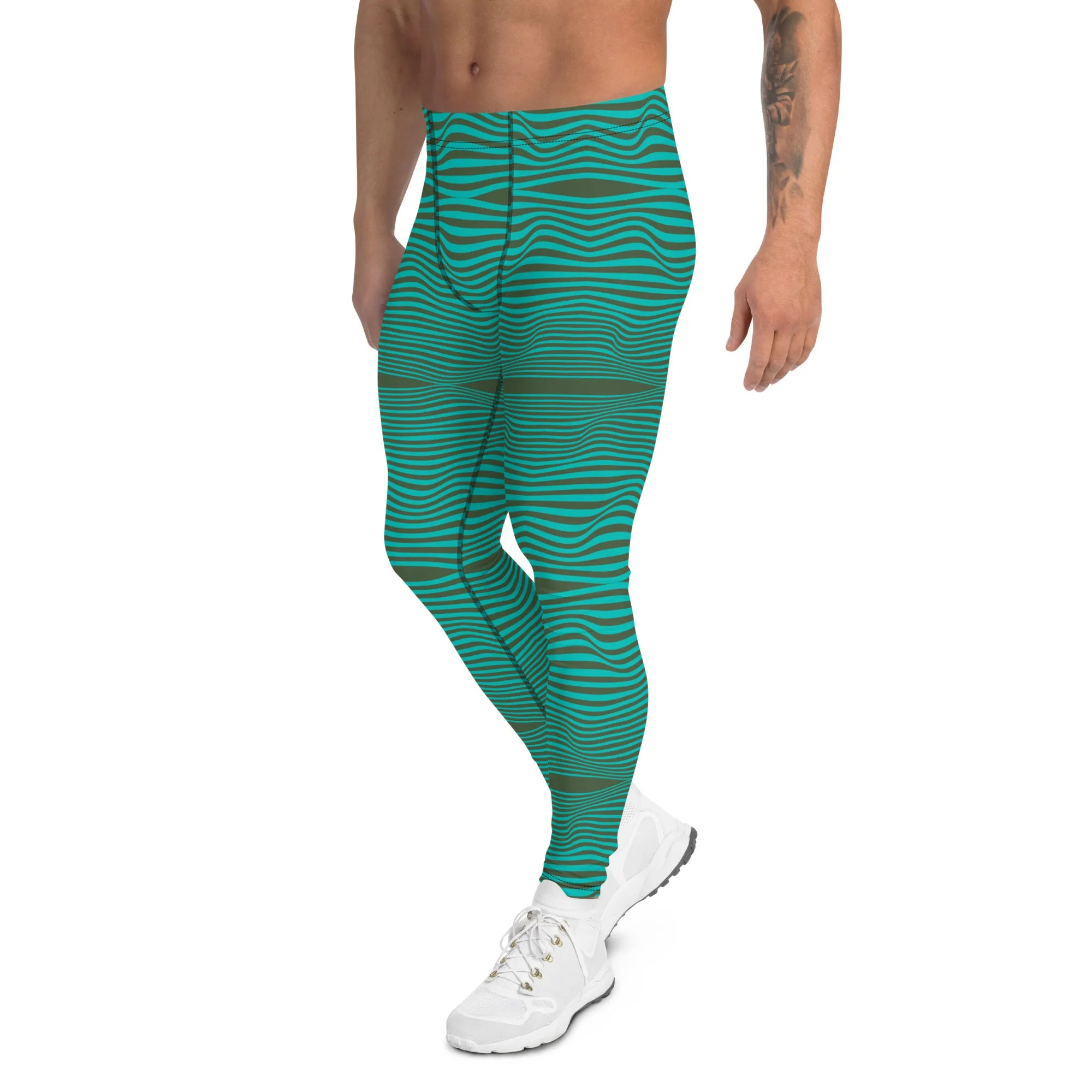 Blue Green Wavy Men's Leggings, Retro Style Wavy Designer Men's Compression Sports Tights - Made in USA/EU/MX