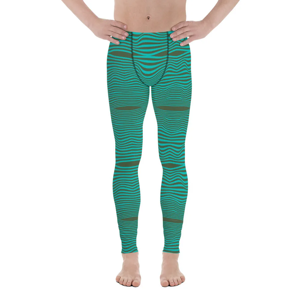 Blue Green Wavy Men's Leggings, Retro Style Wavy Designer Men's Compression Sports Tights - Made in USA/EU/MX