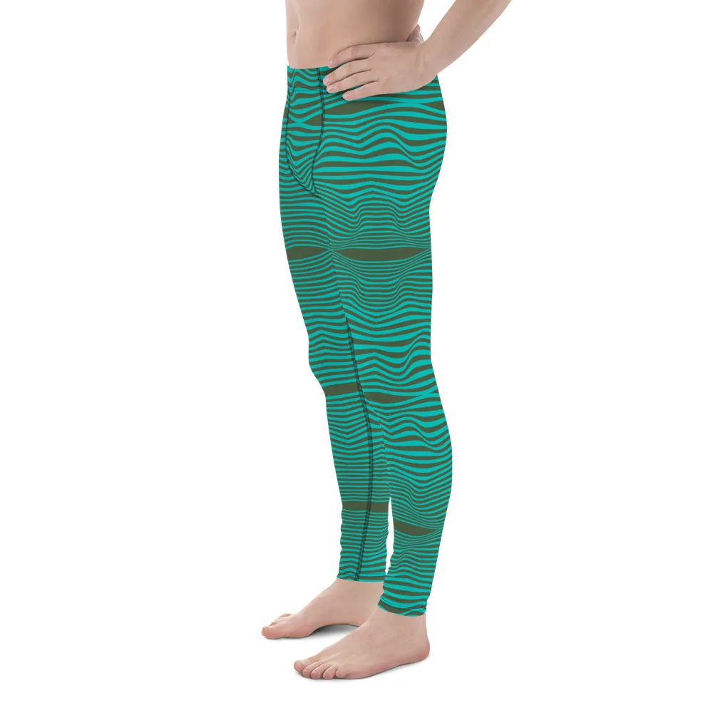 Blue Green Wavy Men's Leggings, Retro Style Wavy Designer Men's Compression Sports Tights - Made in USA/EU/MX