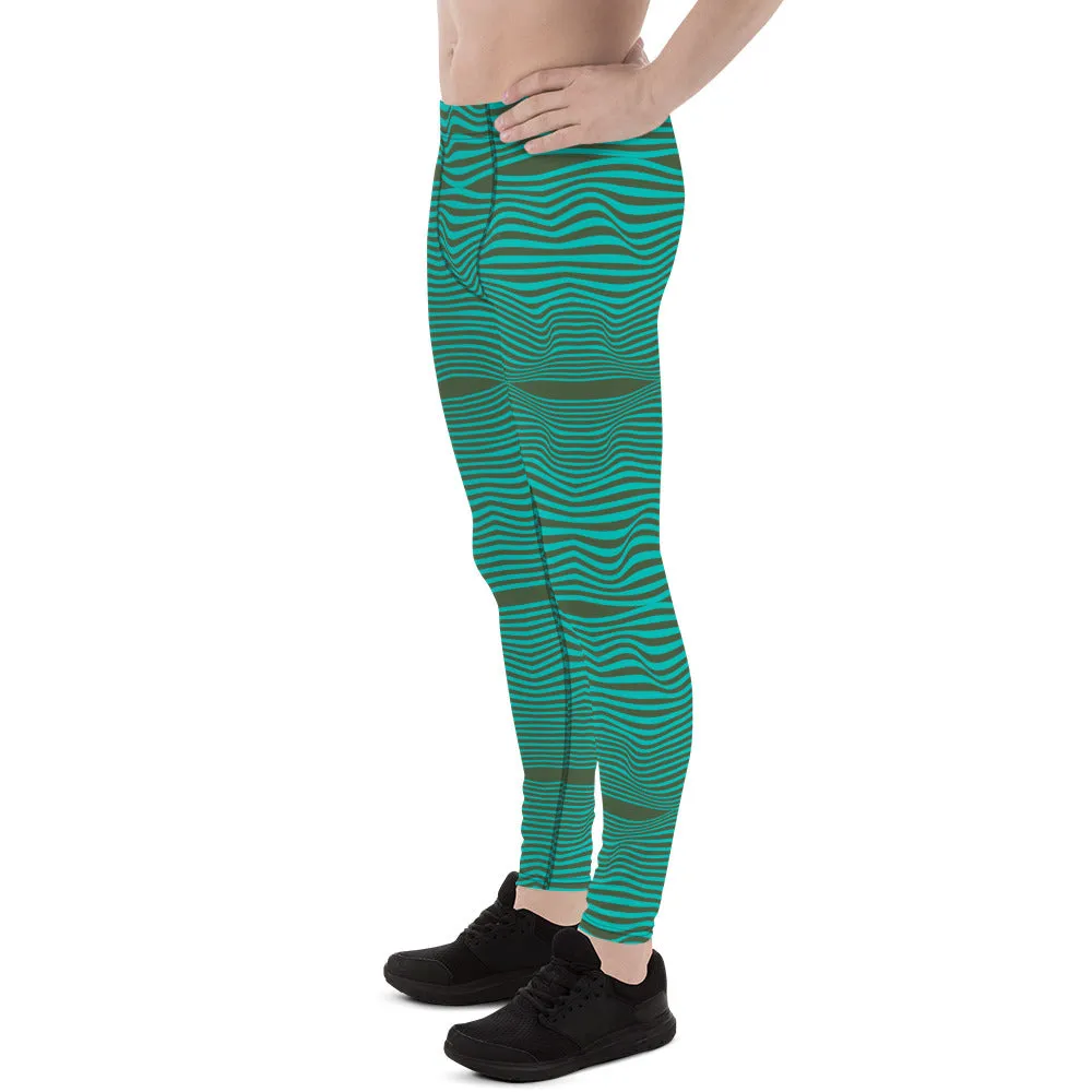 Blue Green Wavy Men's Leggings, Retro Style Wavy Designer Men's Compression Sports Tights - Made in USA/EU/MX