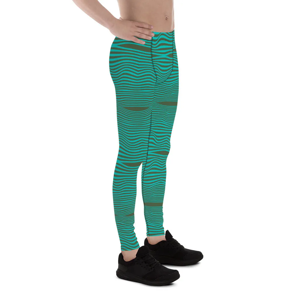 Blue Green Wavy Men's Leggings, Retro Style Wavy Designer Men's Compression Sports Tights - Made in USA/EU/MX