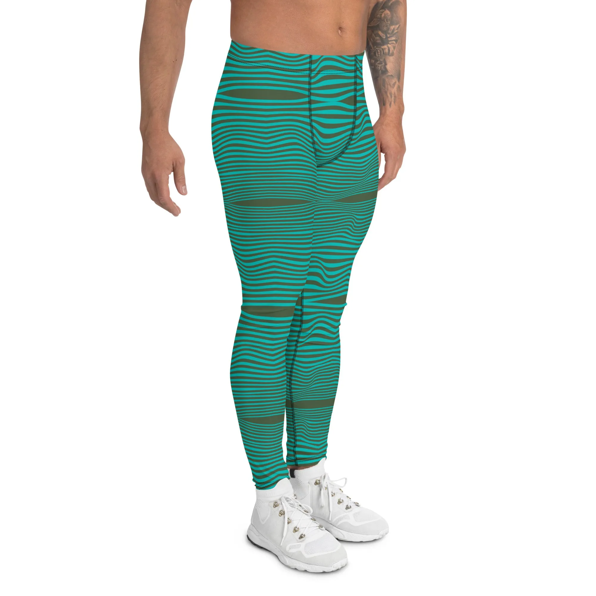 Blue Green Wavy Men's Leggings, Retro Style Wavy Designer Men's Compression Sports Tights - Made in USA/EU/MX