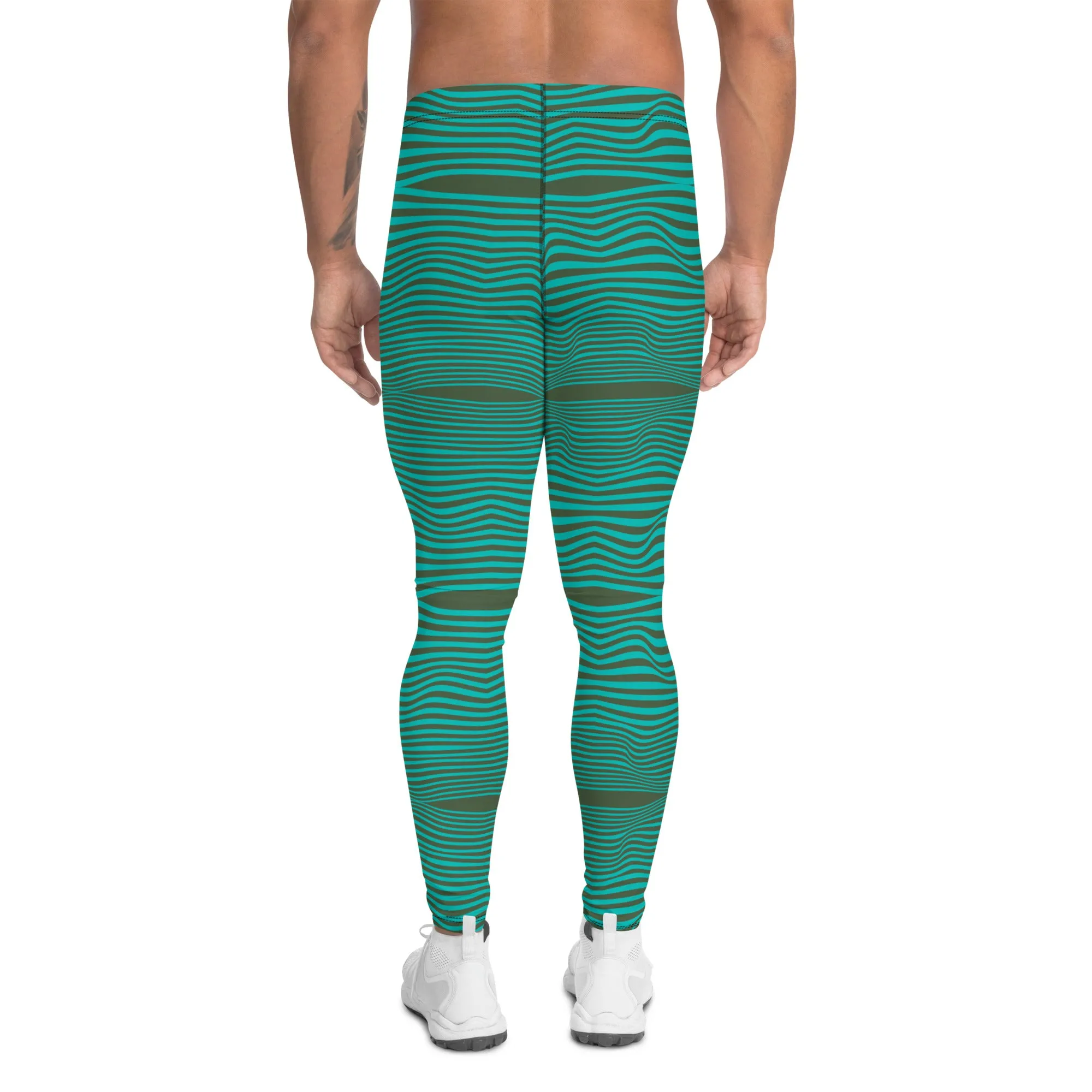 Blue Green Wavy Men's Leggings, Retro Style Wavy Designer Men's Compression Sports Tights - Made in USA/EU/MX