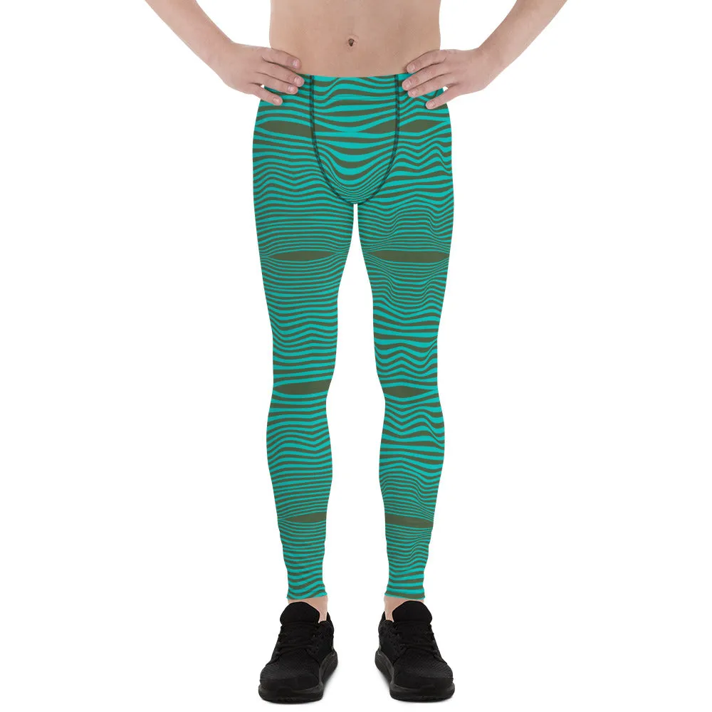 Blue Green Wavy Men's Leggings, Retro Style Wavy Designer Men's Compression Sports Tights - Made in USA/EU/MX