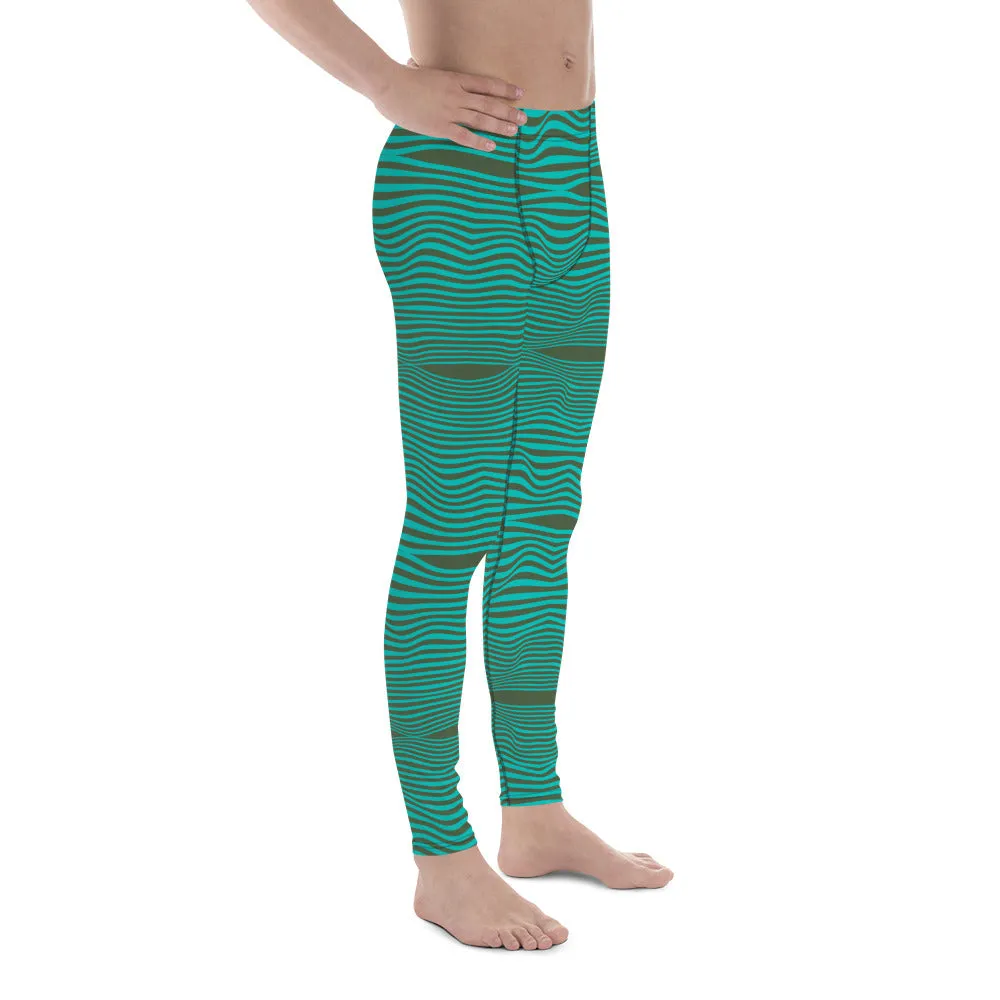 Blue Green Wavy Men's Leggings, Retro Style Wavy Designer Men's Compression Sports Tights - Made in USA/EU/MX