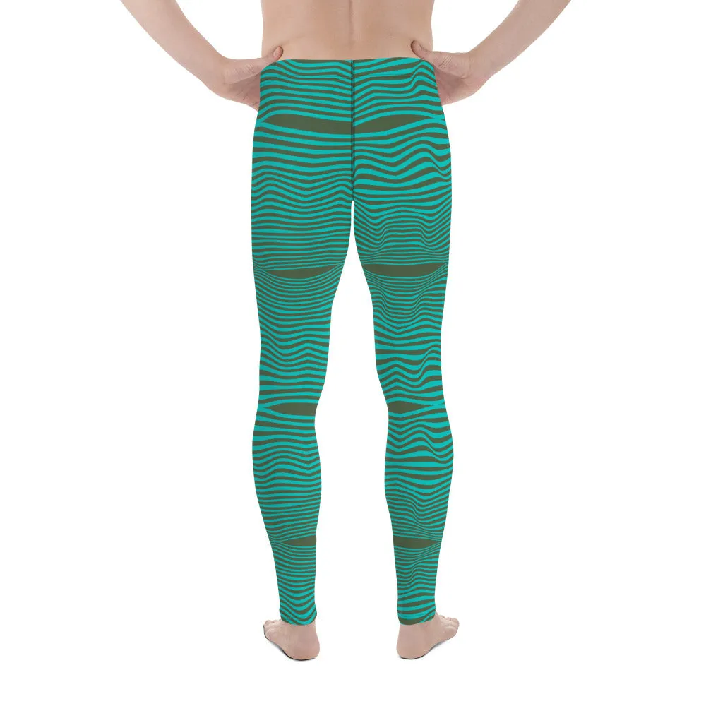 Blue Green Wavy Men's Leggings, Retro Style Wavy Designer Men's Compression Sports Tights - Made in USA/EU/MX