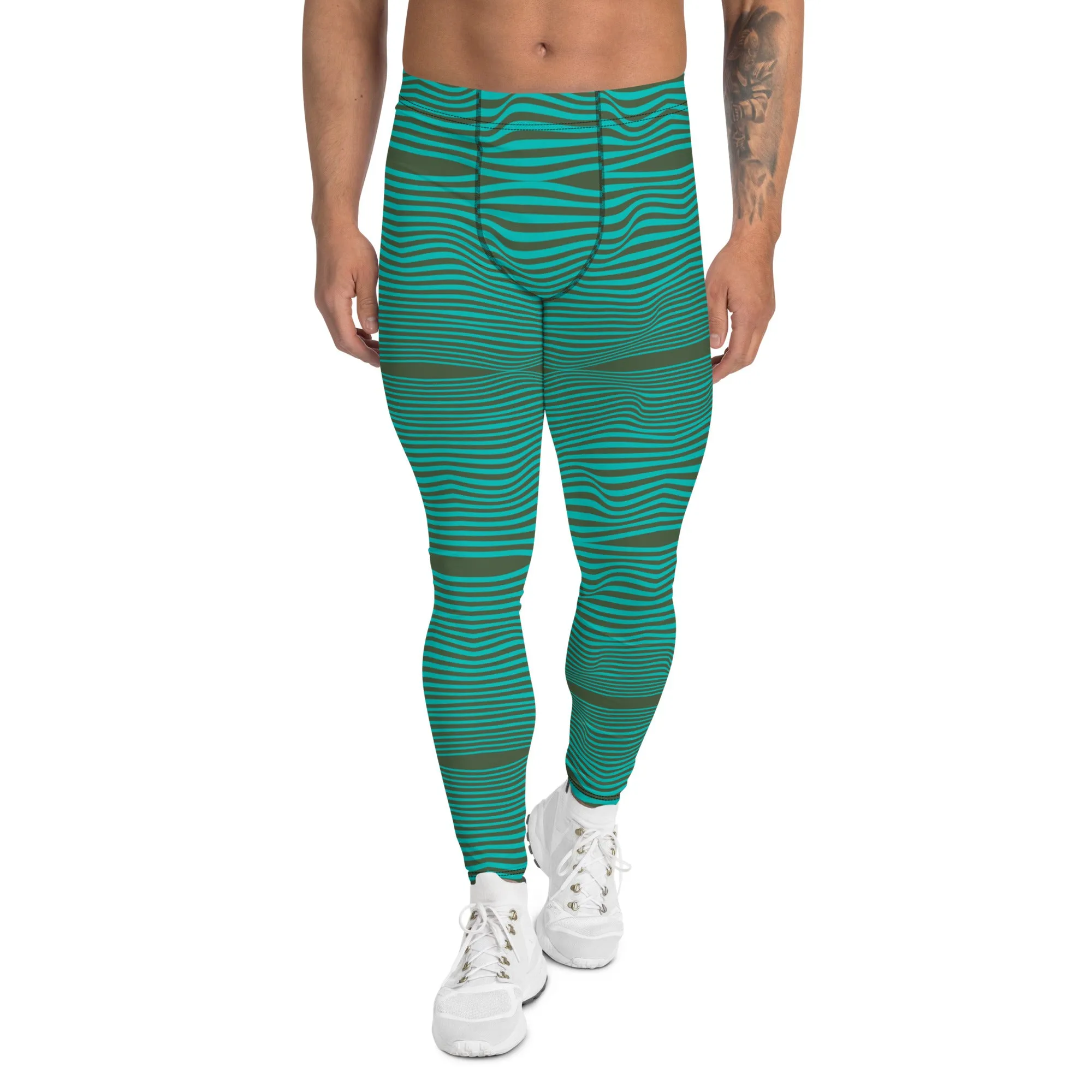 Blue Green Wavy Men's Leggings, Retro Style Wavy Designer Men's Compression Sports Tights - Made in USA/EU/MX