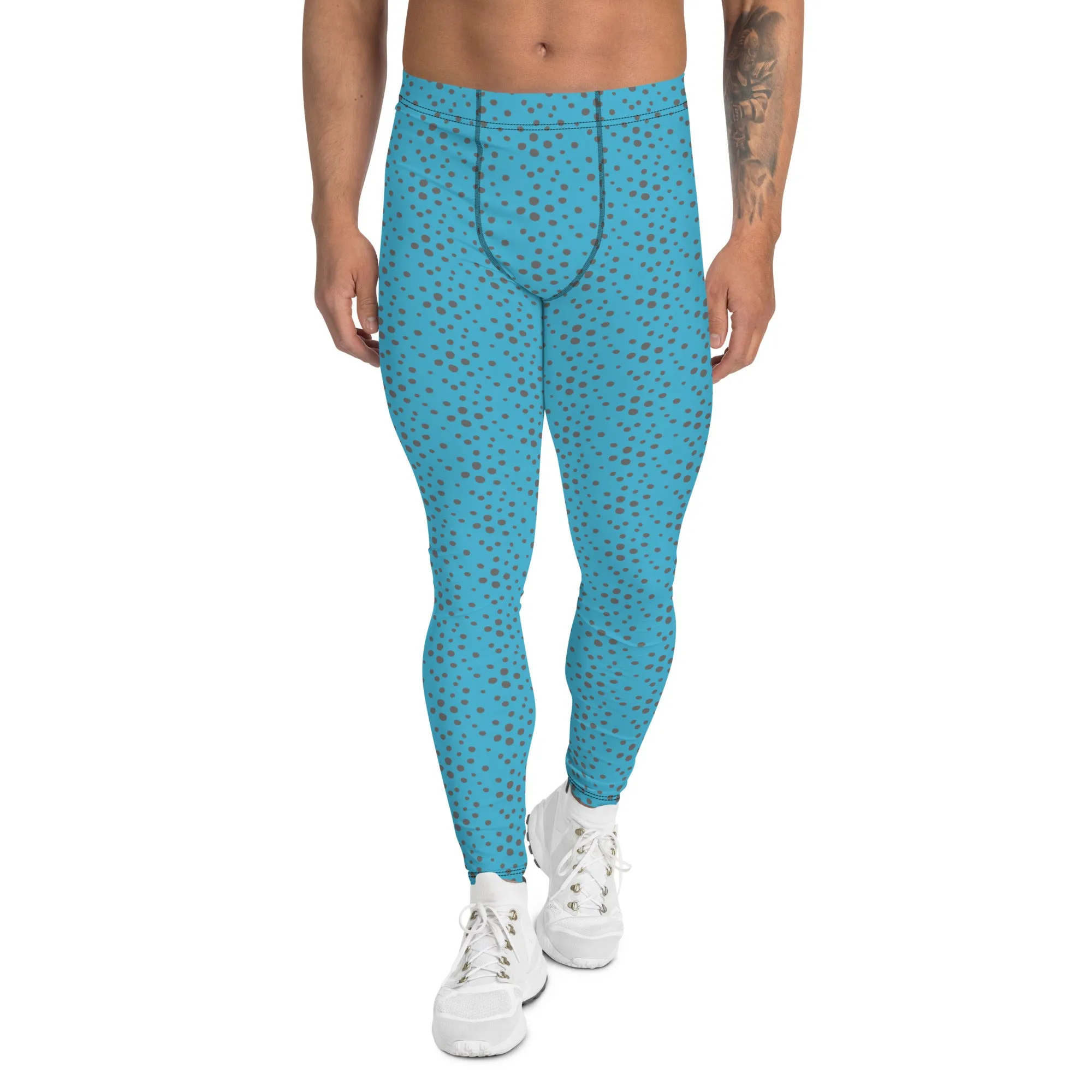 Blue Grey Dotted Men's Leggings, Dots Pattern Designer Running Compression Tights For Men - Made in USA/EU/MX