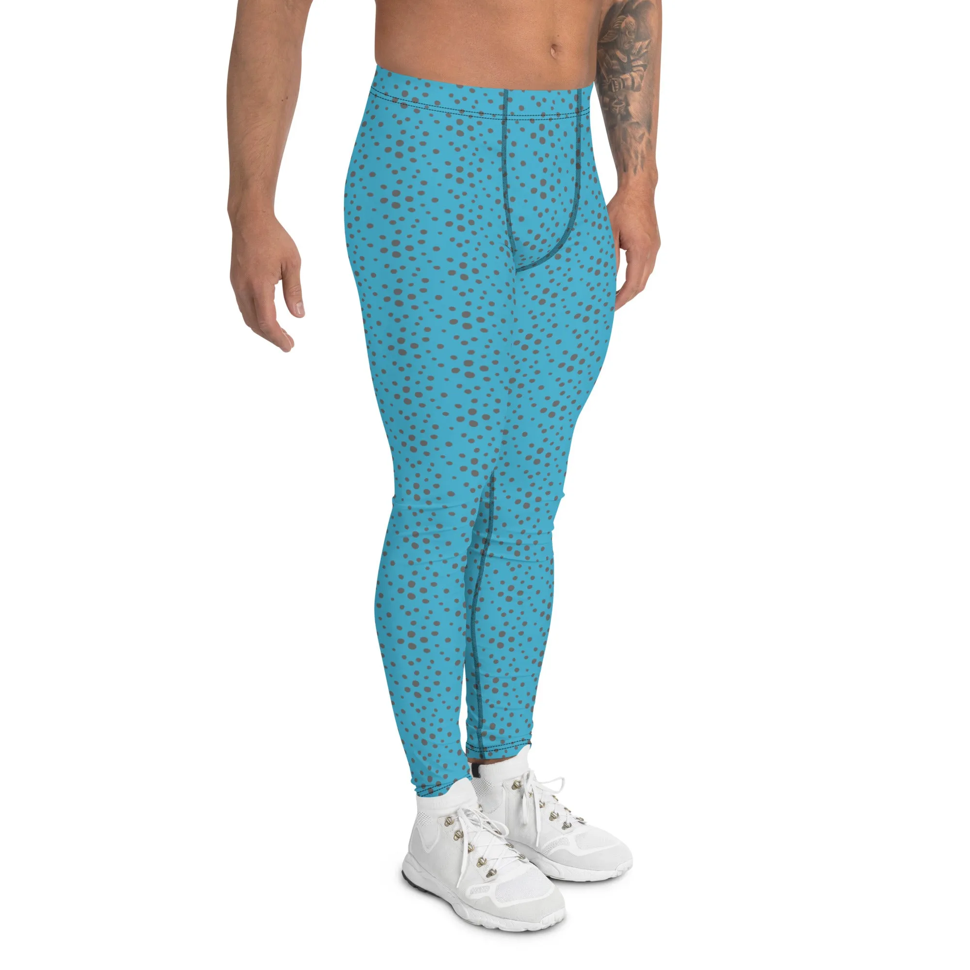 Blue Grey Dotted Men's Leggings, Dots Pattern Designer Running Compression Tights For Men - Made in USA/EU/MX