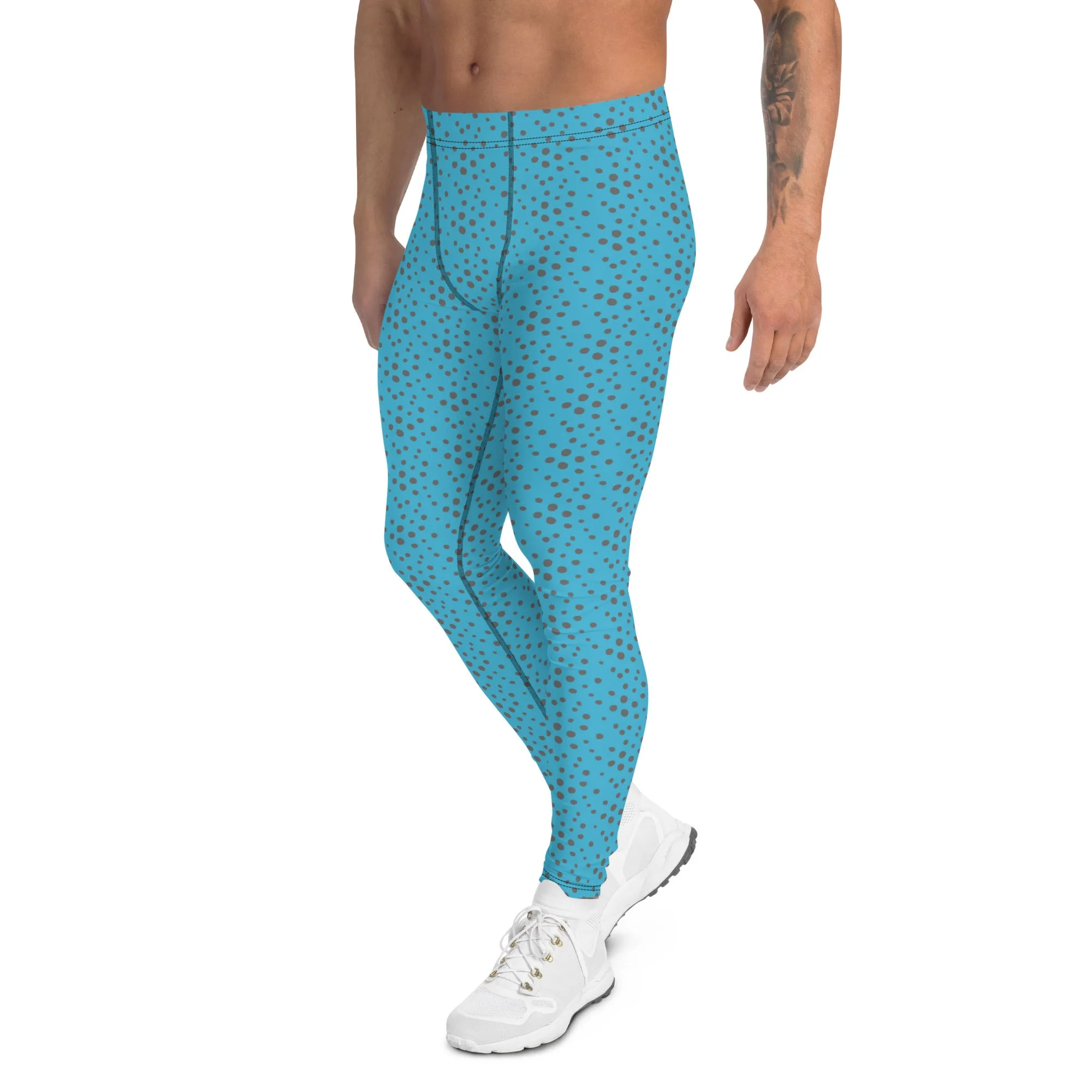 Blue Grey Dotted Men's Leggings, Dots Pattern Designer Running Compression Tights For Men - Made in USA/EU/MX