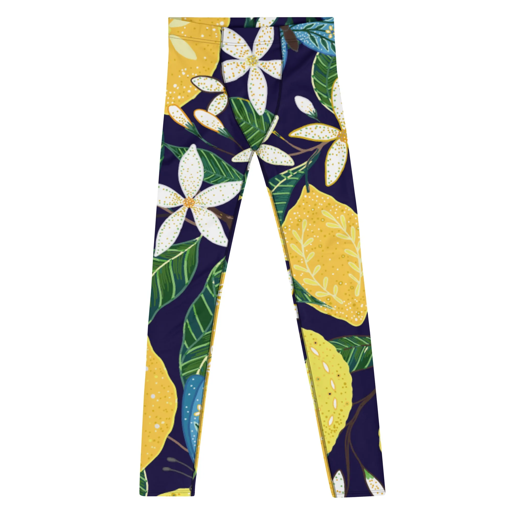 Blue Lemon Floral Men's Leggings, Floral Print Designer Meggings Compression Tights- Made in USA/EU/MX