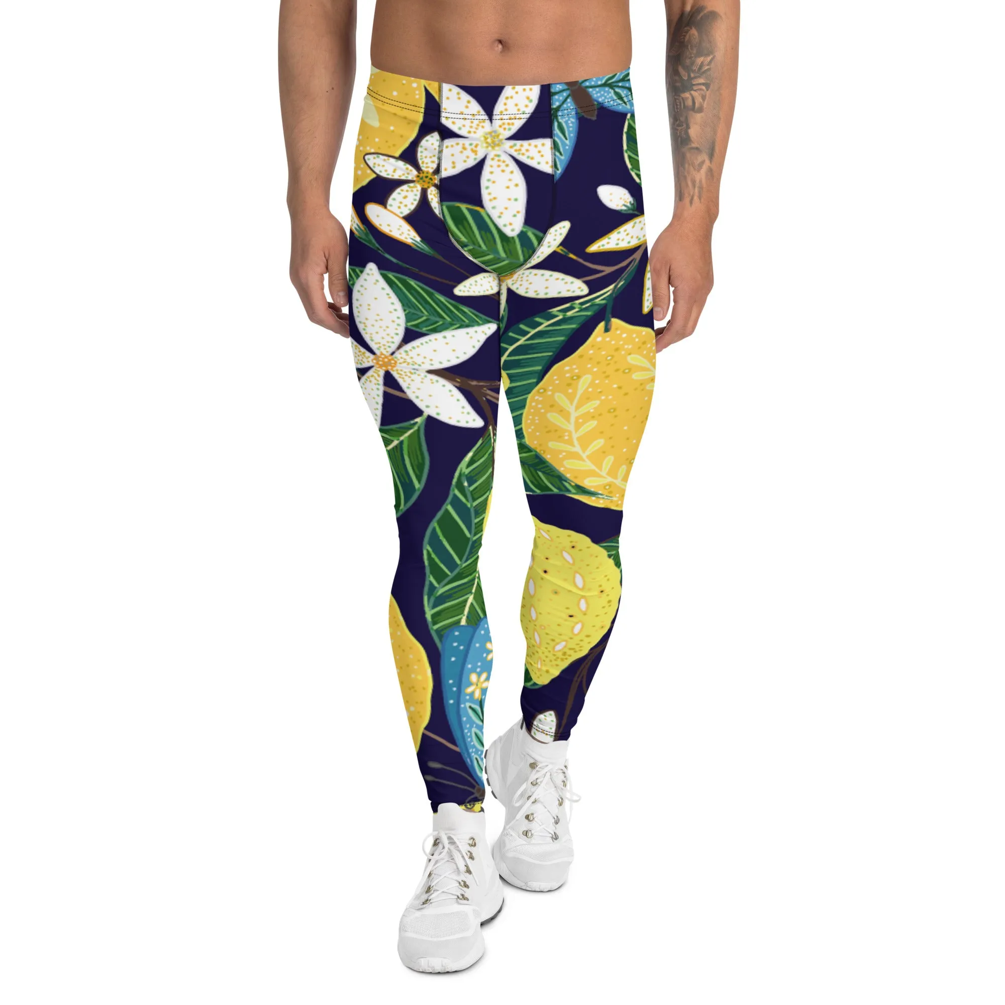 Blue Lemon Floral Men's Leggings, Floral Print Designer Meggings Compression Tights- Made in USA/EU/MX