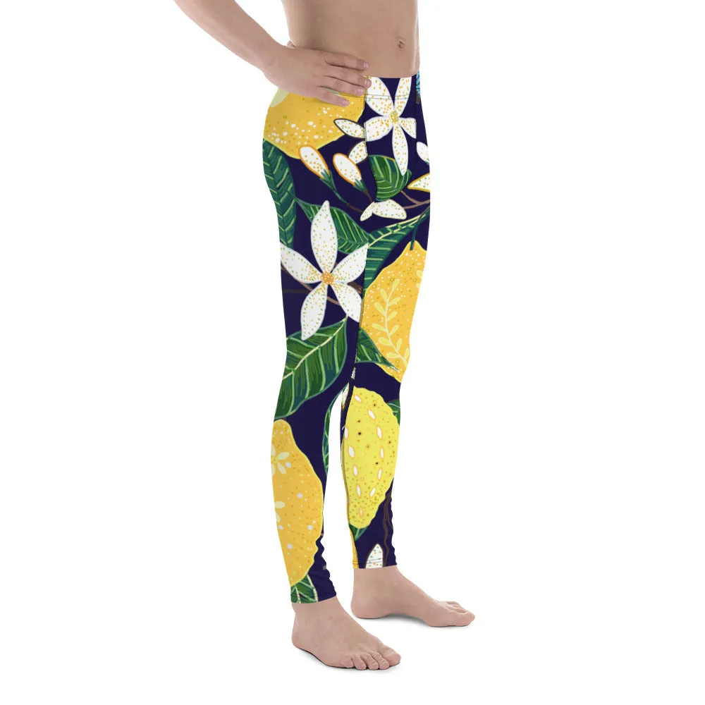 Blue Lemon Floral Men's Leggings, Floral Print Designer Meggings Compression Tights- Made in USA/EU/MX