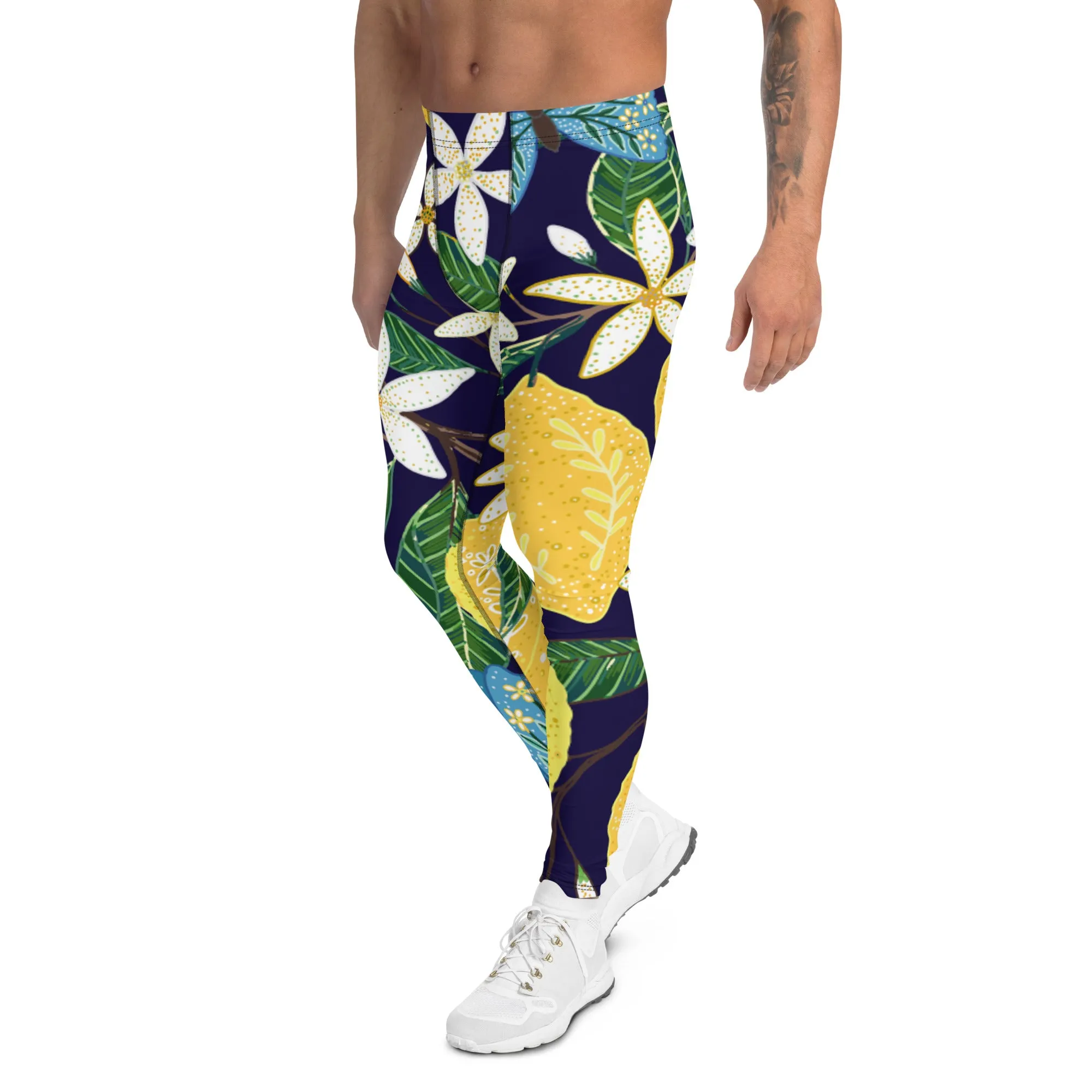 Blue Lemon Floral Men's Leggings, Floral Print Designer Meggings Compression Tights- Made in USA/EU/MX