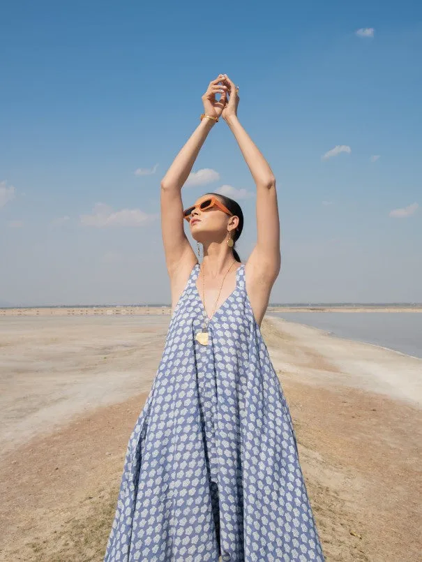 Blue Printed Lotus Drape Jumpsuit