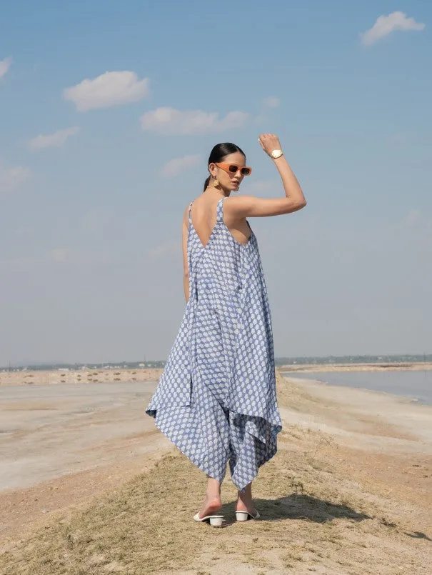 Blue Printed Lotus Drape Jumpsuit