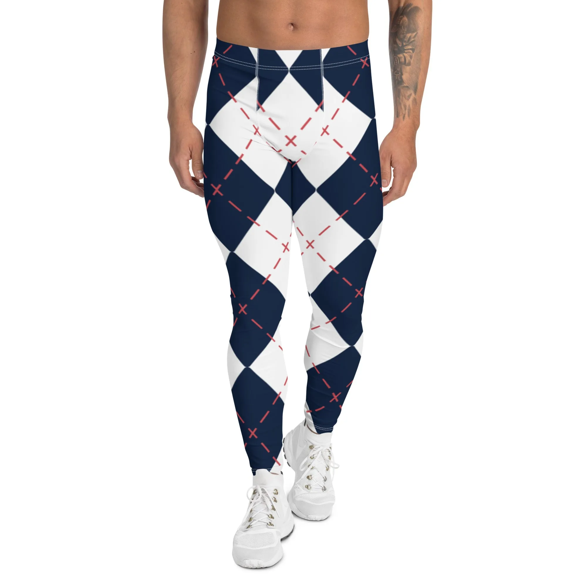 Blue Red Plaid Men's Leggings, Preppy Classic Plaid Print Designer Premium Men's Leggings Tights - Made in USA/EU/MX