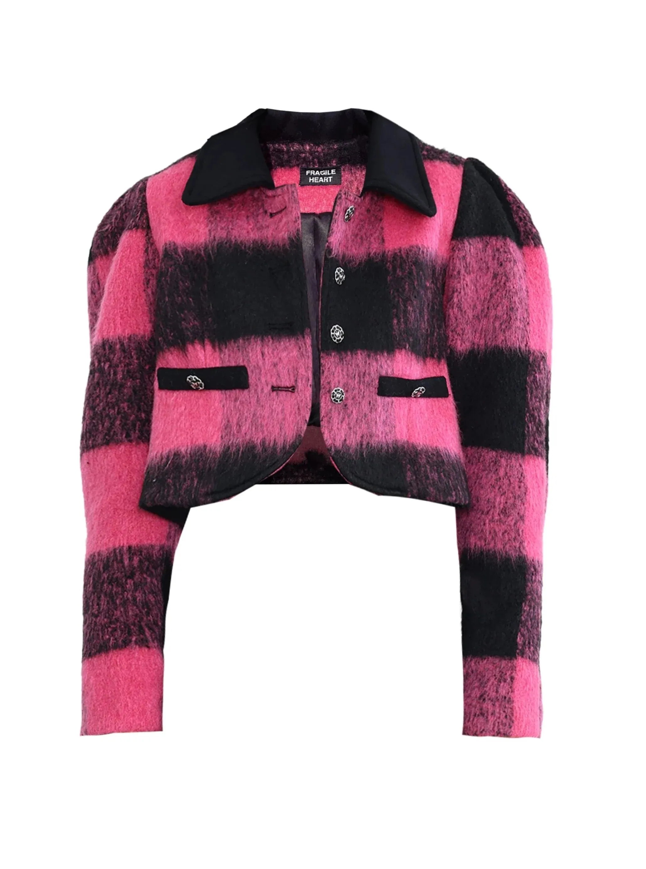 Bold Buffalo Plaid Cropped Jacket: Pink and Black Fuzzy Wool Blend with Contrast Collar