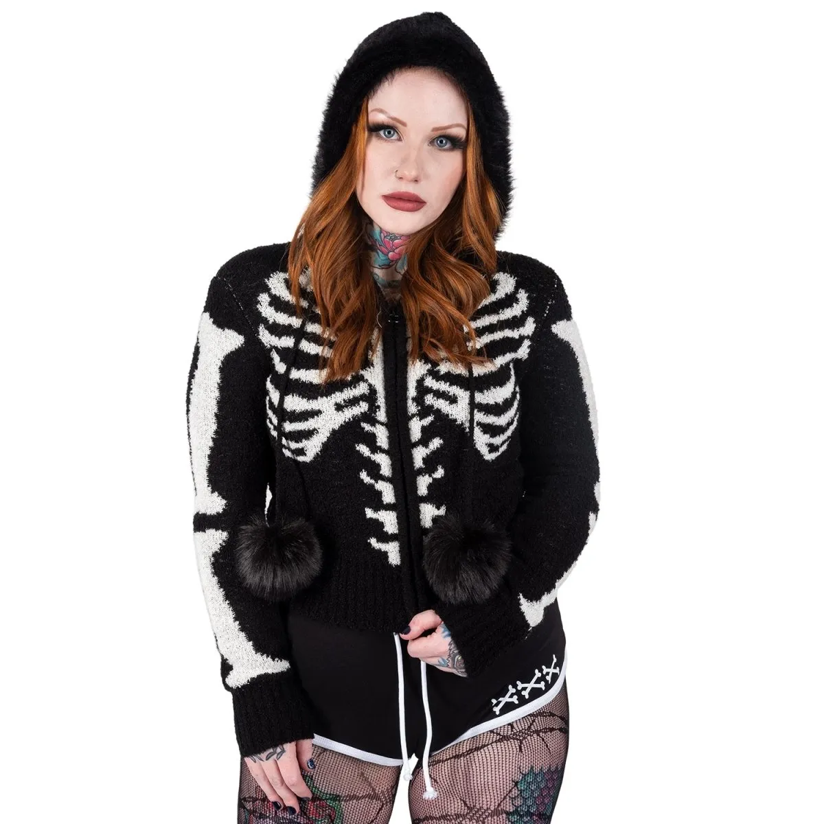 Bony Rib Cage Skeleton Fur Zip Cardigan