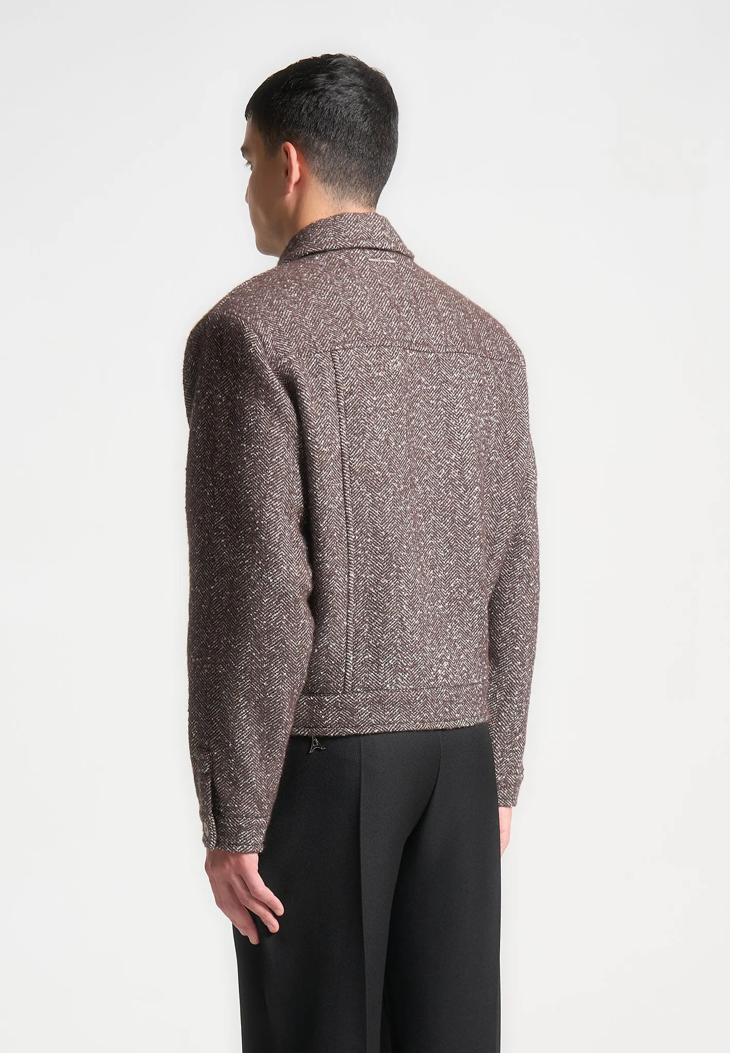 Boxy Herringbone Wool Blend Jacket - Brown