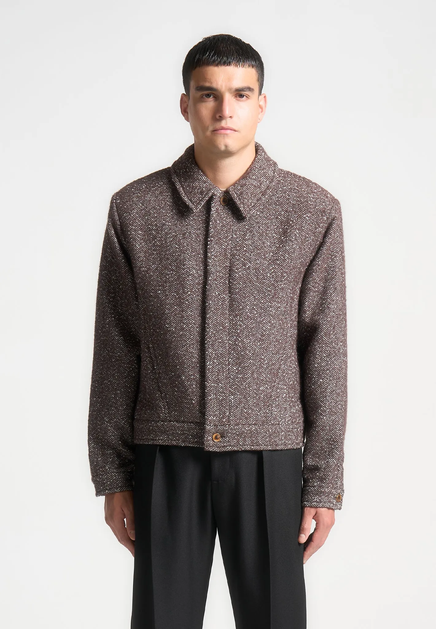 Boxy Herringbone Wool Blend Jacket - Brown