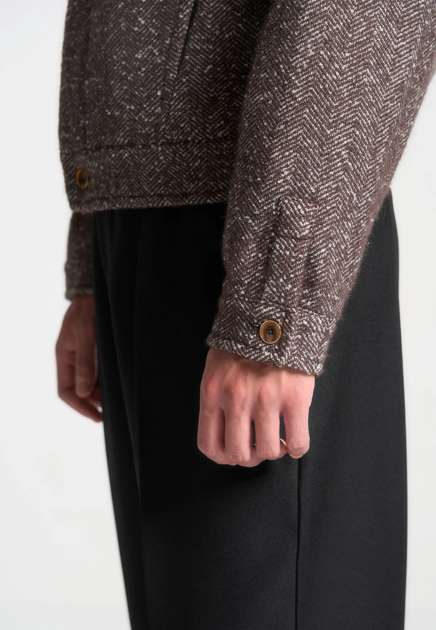 Boxy Herringbone Wool Blend Jacket - Brown