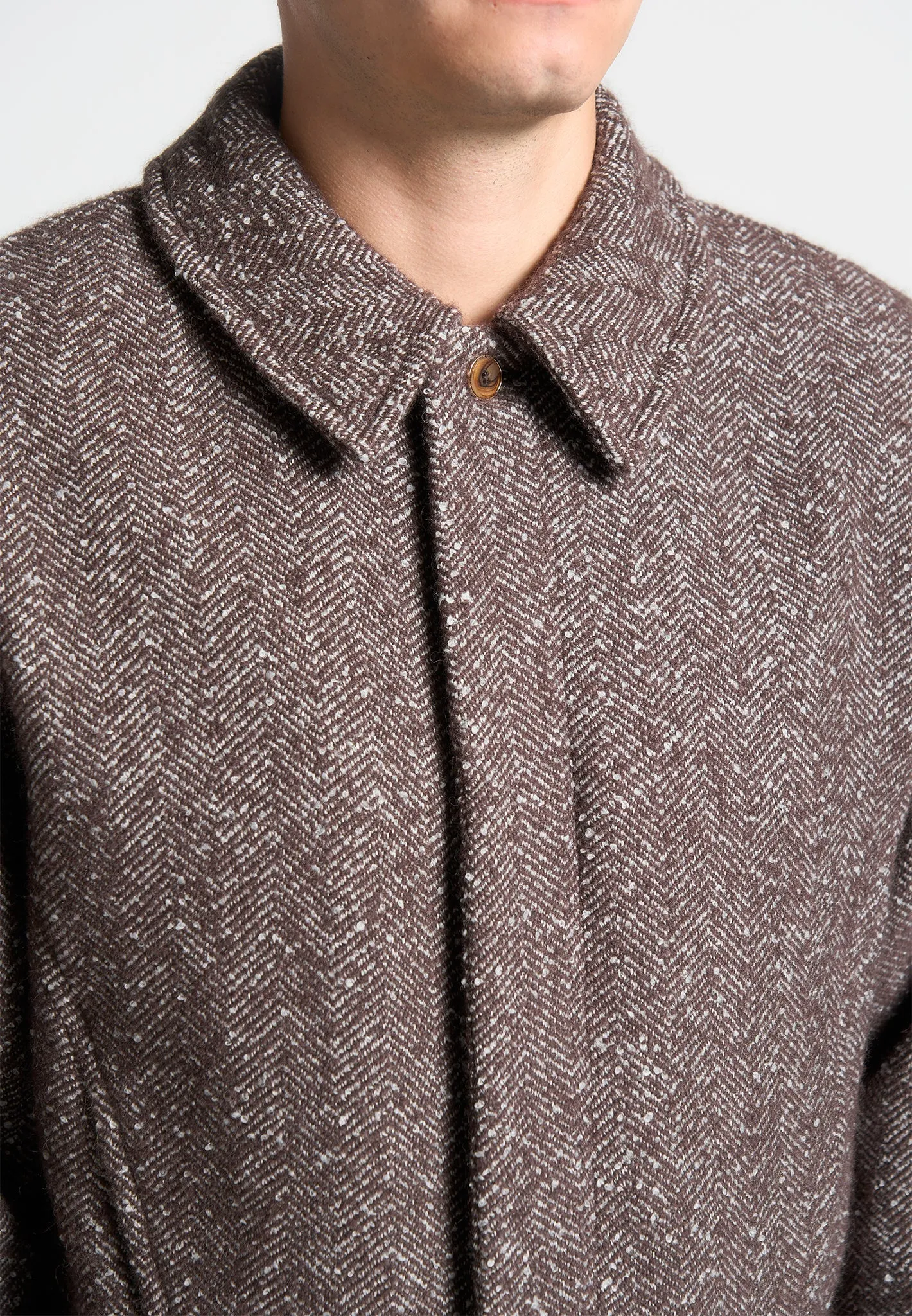 Boxy Herringbone Wool Blend Jacket - Brown