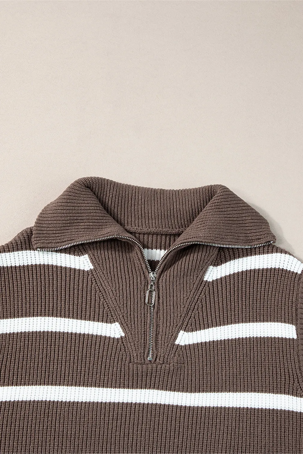 Brown Stripe Zipped Collar Cap Sleeve Knit Top