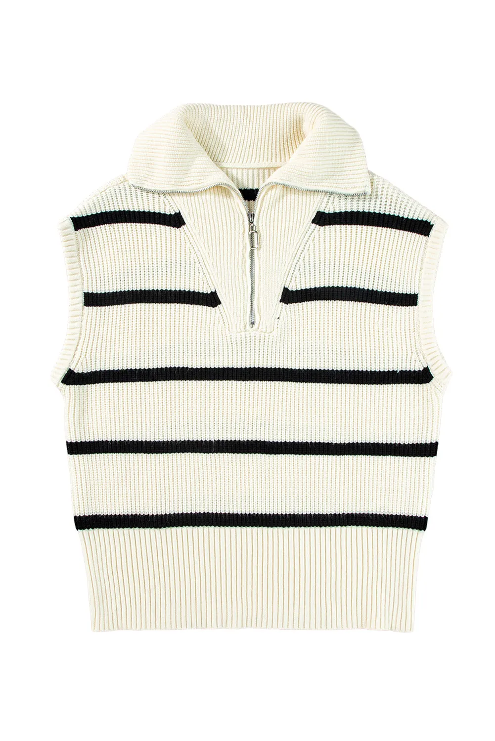 Brown Stripe Zipped Collar Cap Sleeve Knit Top