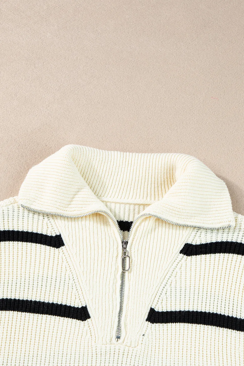 Brown Stripe Zipped Collar Cap Sleeve Knit Top