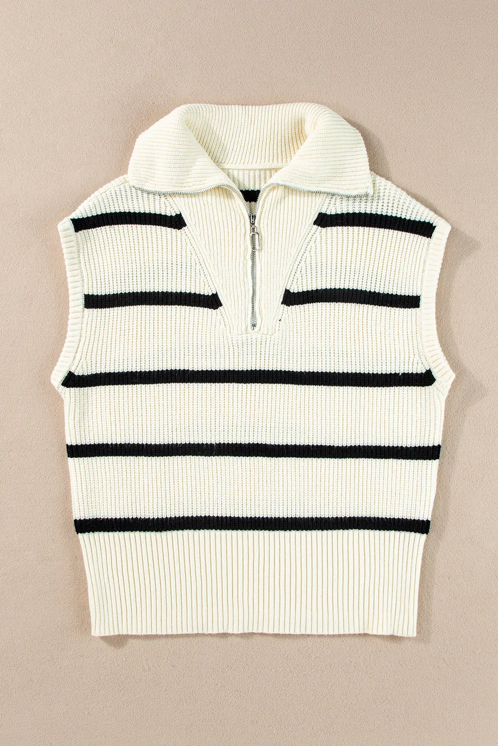 Brown Stripe Zipped Collar Cap Sleeve Knit Top