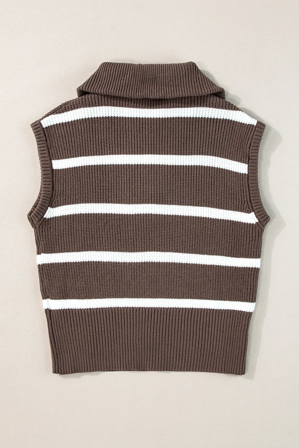 Brown Stripe Zipped Collar Cap Sleeve Knit Top