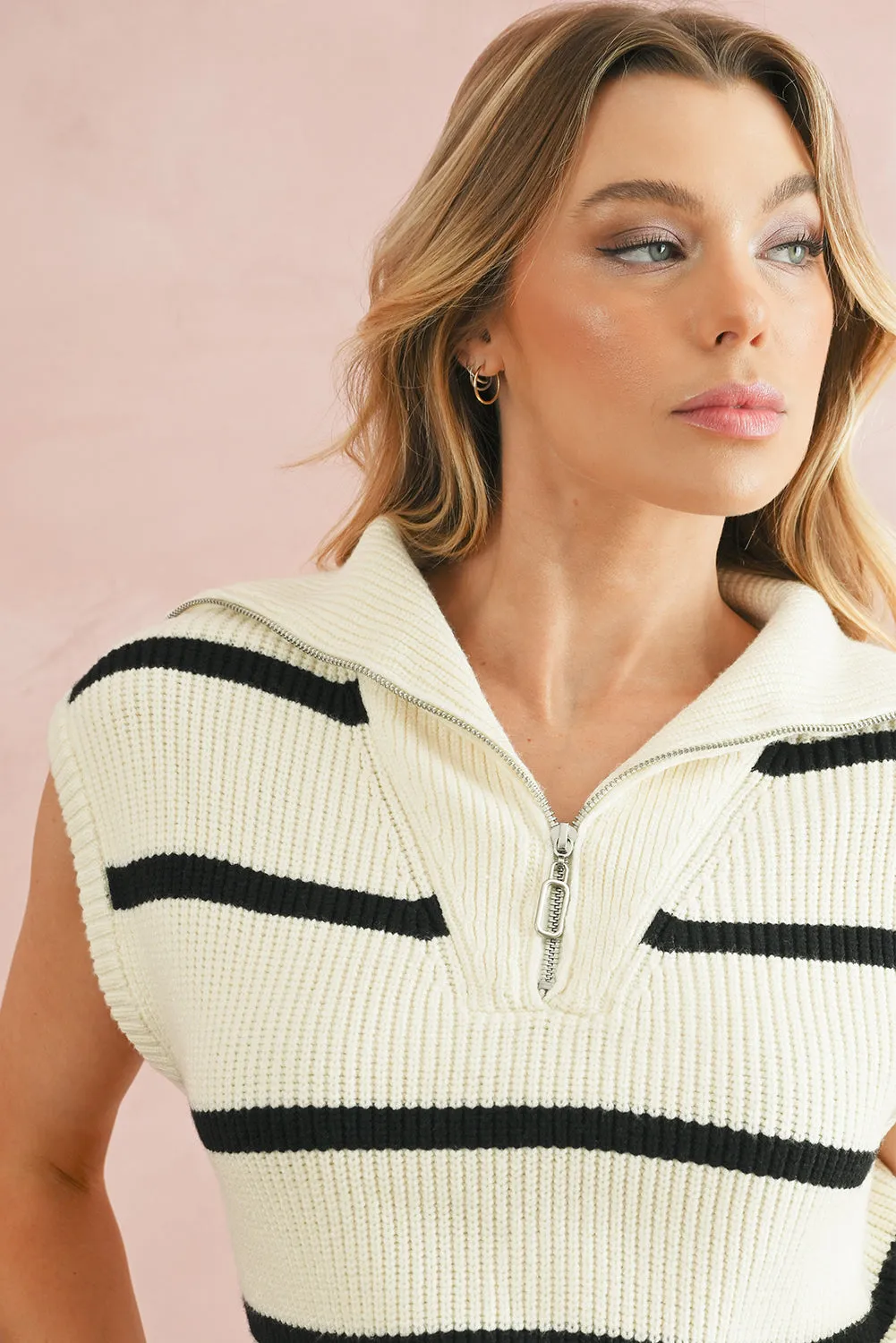 Brown Stripe Zipped Collar Cap Sleeve Knit Top