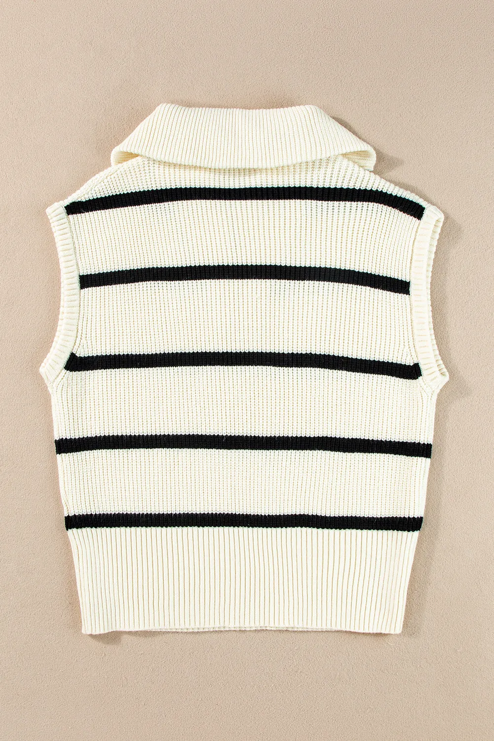 Brown Stripe Zipped Collar Cap Sleeve Knit Top