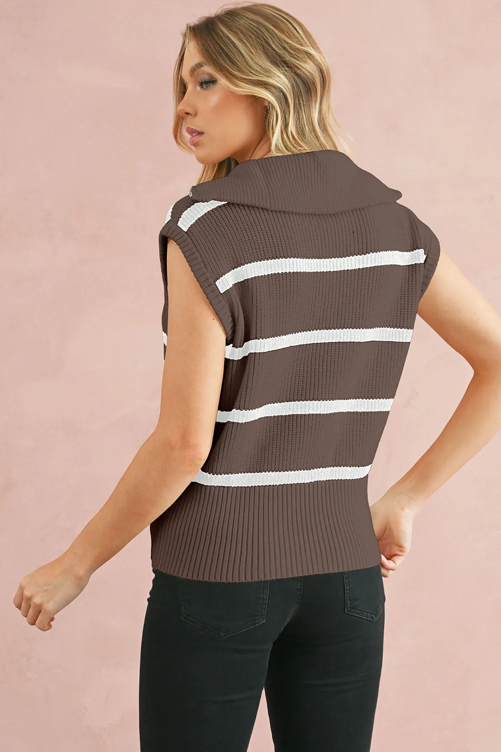 Brown Stripe Zipped Collar Cap Sleeve Knit Top