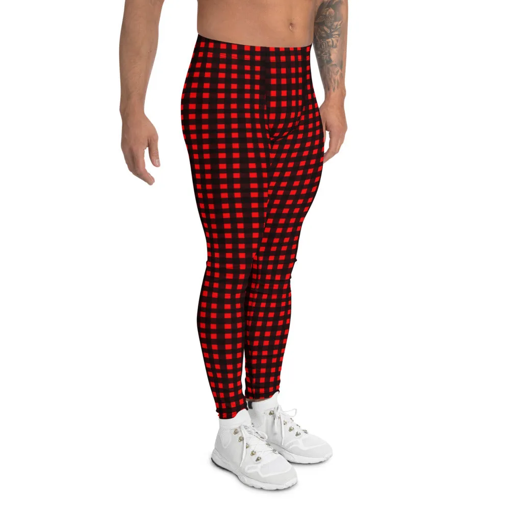 Buffalo Red Plaid Men's Leggings, Christmas Holiday Special Best Meggings Tights For Men