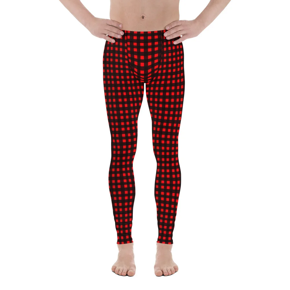 Buffalo Red Plaid Men's Leggings, Christmas Holiday Special Best Meggings Tights For Men