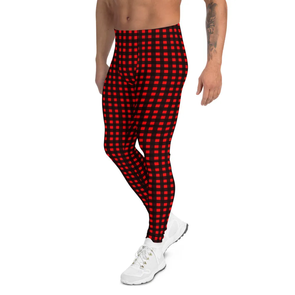 Buffalo Red Plaid Men's Leggings, Christmas Holiday Special Best Meggings Tights For Men