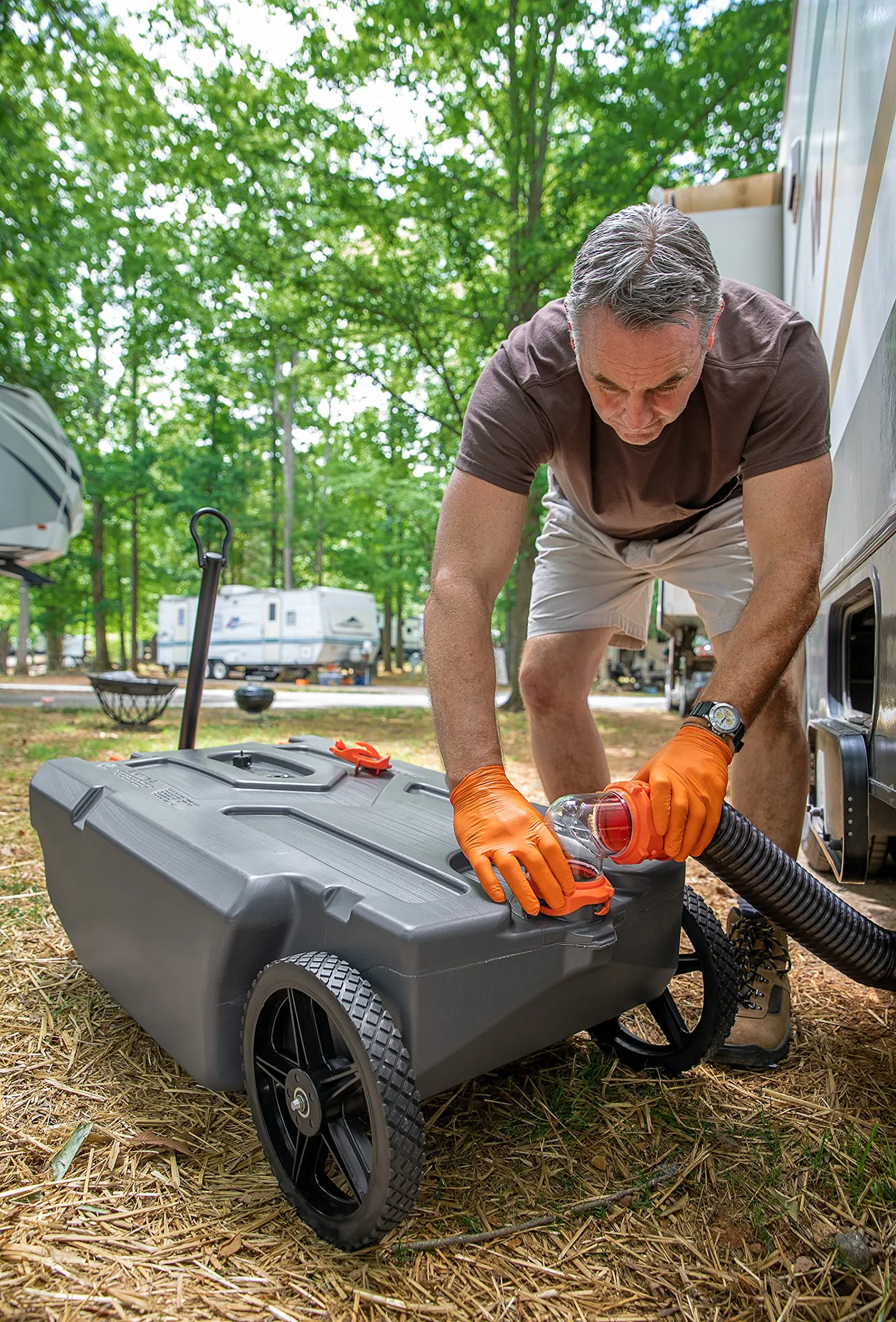 Camco Rhino RV Heavy Duty 36 Gallon Portable Waste Holding Tank | Steerable with 4 Wheels | Complete Kit with Hoses and Accessories (39007), Gray