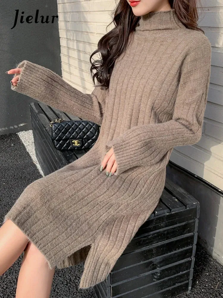 Casual Half Turtleneck Knitted Dress Split Loose Long Sleeve Sweater Dress Winter New Korean Fashion Women's Clothing