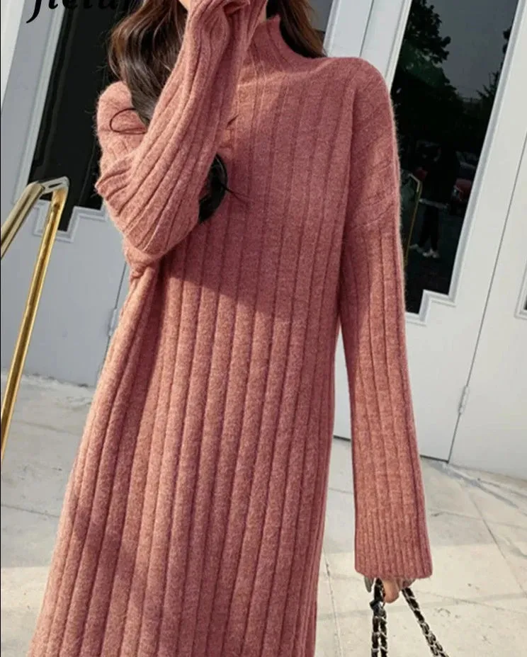 Casual Half Turtleneck Knitted Dress Split Loose Long Sleeve Sweater Dress Winter New Korean Fashion Women's Clothing