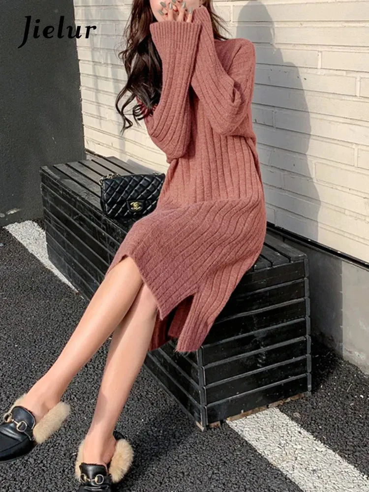 Casual Half Turtleneck Knitted Dress Split Loose Long Sleeve Sweater Dress Winter New Korean Fashion Women's Clothing