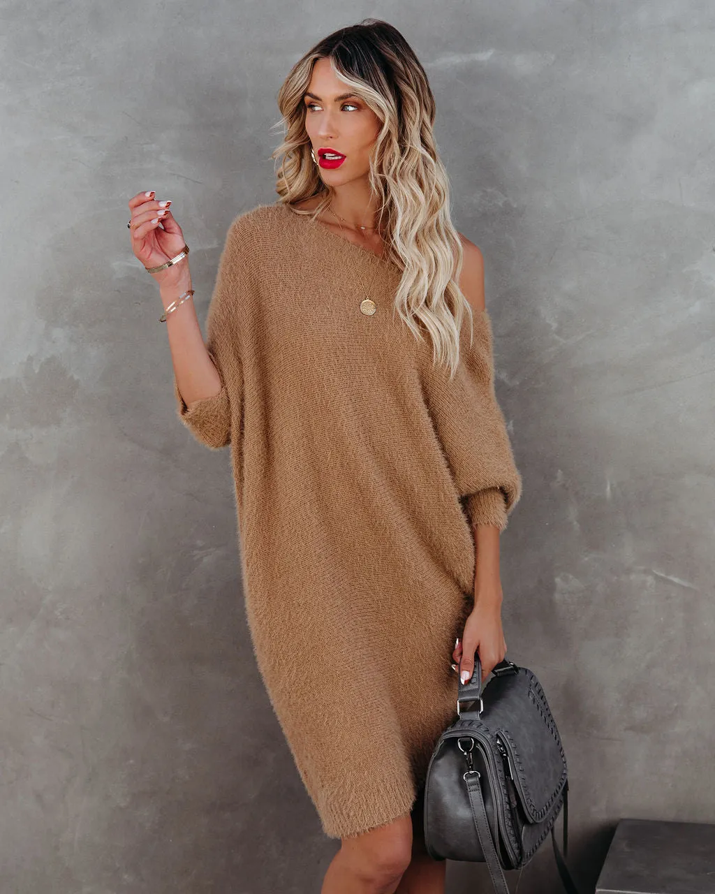 Cecelia Asymmetrical Knit Sweater Dress - Camel - FINAL SALE