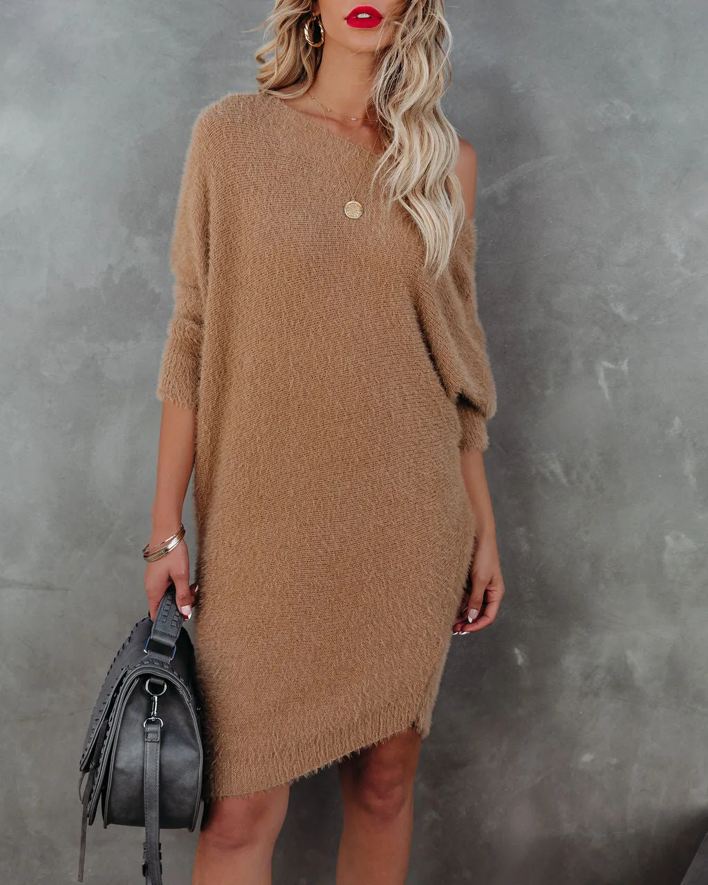 Cecelia Asymmetrical Knit Sweater Dress - Camel - FINAL SALE