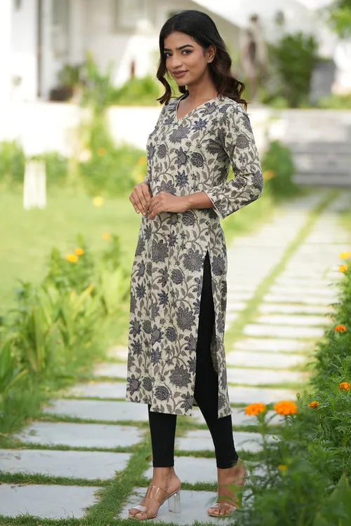 Charcoal Mist Handblock Printed Cotton Kurti